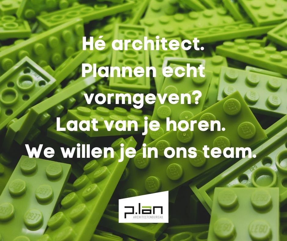 Afbeelding van groene legoblokjes met een call to action voor vacature Plan-architectenbureau